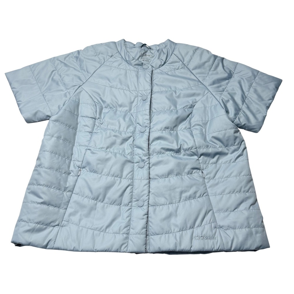 LL Bean Short Sleeve Puffer Jacket Womens M PrimaLoft Blue Quilted Snap Front
